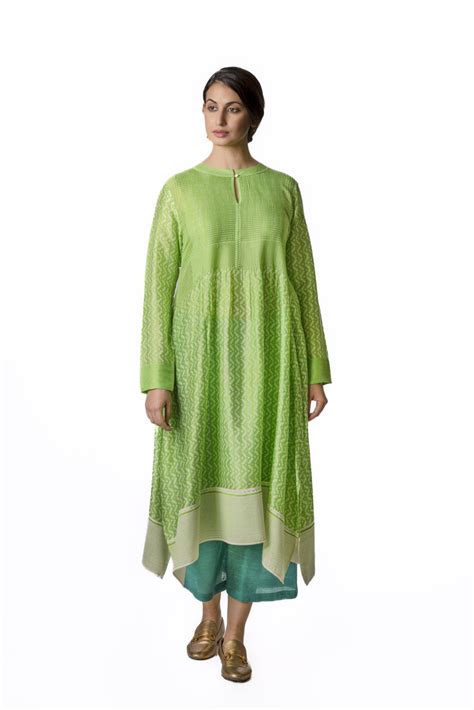 Green Asymmetric Chanderi Tunic – krishnamehtas