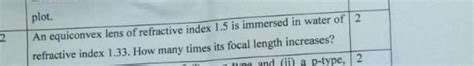 An equiconvex lens of refractive index 1.5 is immersed in water of ...