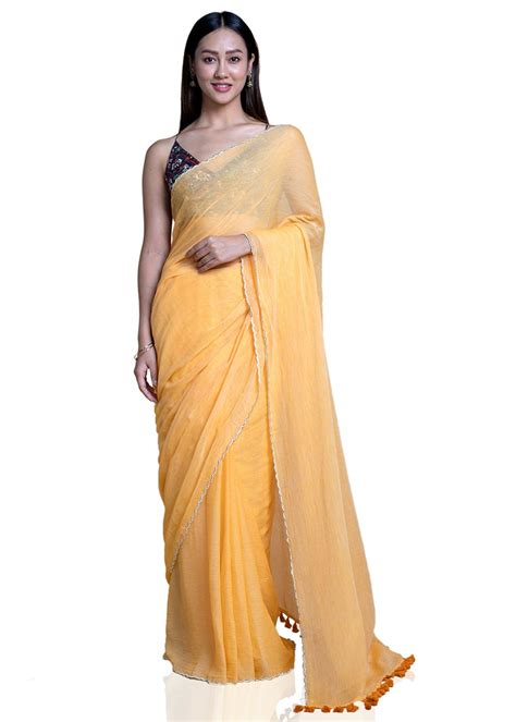 Get Yellow Mul Cotton Saree With Golden Scallops at ₹ 2501 | LBB Shop