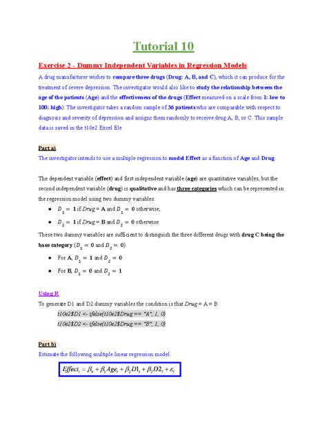 Independent dummy variable notes with examples QM2 - Tutorial 10 ...