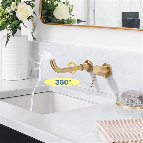 Single Handle Brushed Gold Wall Mounted Bathroom Sink Faucet with Rough ...
