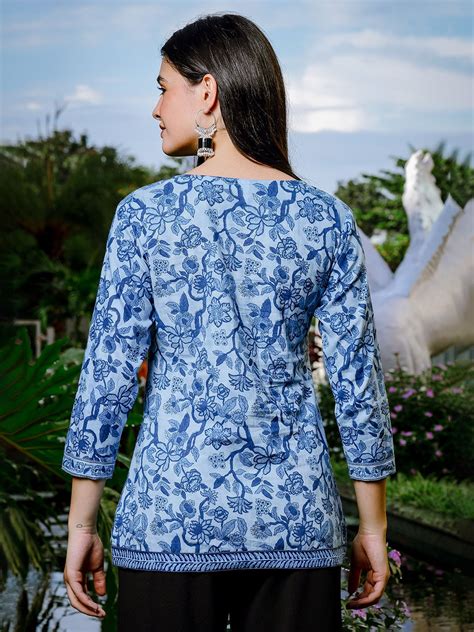 Sky Blue Cotton Floral Print Regular Top – Yufta Store