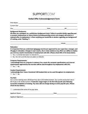 Fillable Online Verbal Offer Acknowledgement Form Fax Email Print ...