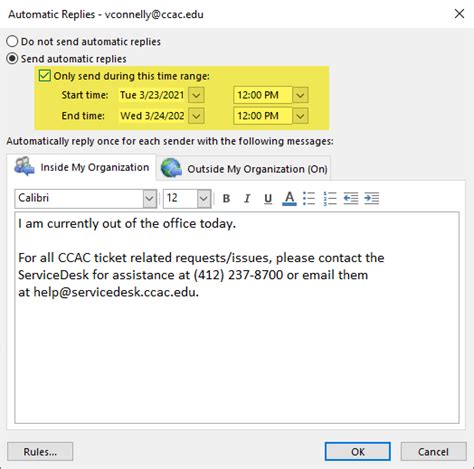 Setting an Out of Office / Away Message in Outlook - CCAC's Help Center