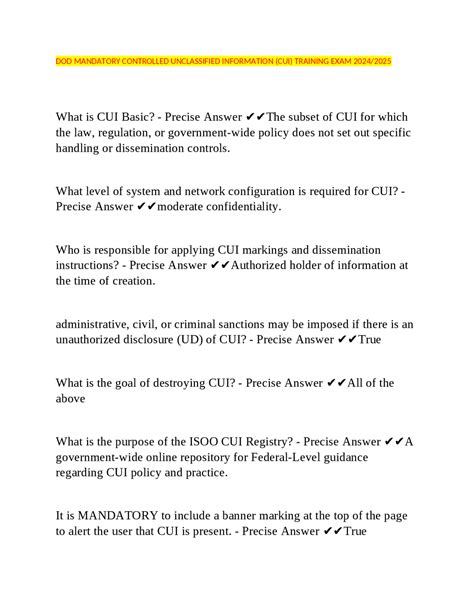 DOD MANDATORY CONTROLLED UNCLASSIFIED INFORMATION (CUI) TRAINING EXAM ...