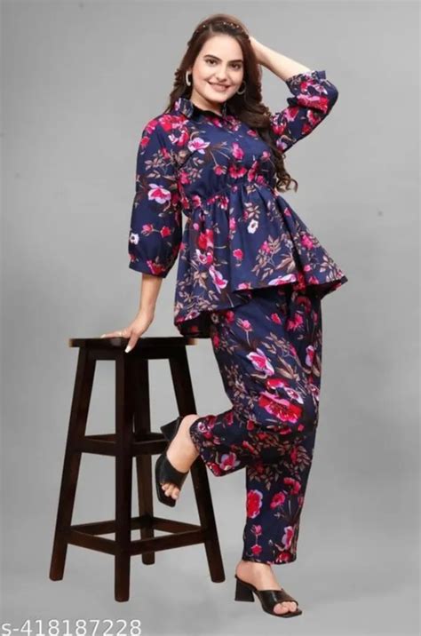 Priaksh Couture Dark Blue Crepe Shirt Collar Printed Co-ord Set For ...