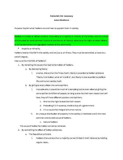 Federalist #10 - Federalist #10: Summary James Madisson Purpose: Explain what Factions are and ...