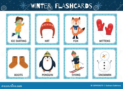 Winter Flashcards Collection for Kids. Flash Cards Set with Cute ...