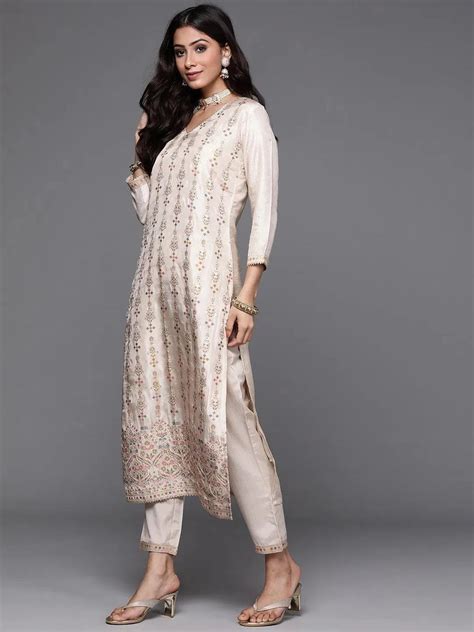 Buy Beige Woven Design Silk Straight Kurta With Trouser & Dupatta ...