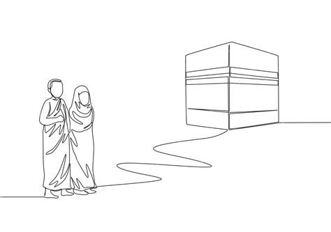 Single line drawing of muslim and muslimah pilgrim walk to holy place ...