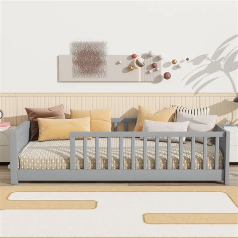 One Allium Way® Twin size Floor Platform Bed with Built-in Book Rack ...