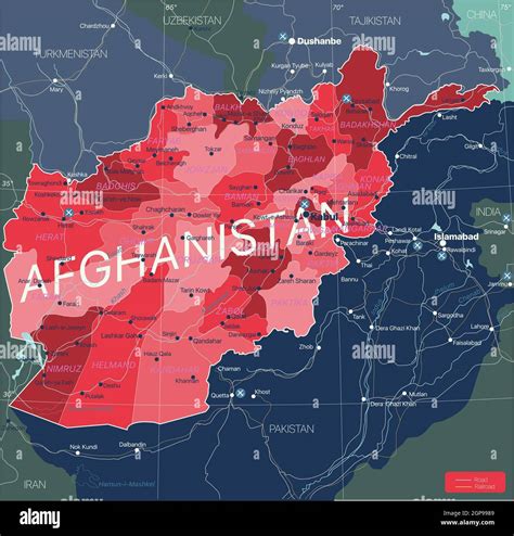 Afghanistan country detailed editable map with regions cities and towns, roads and railways ...