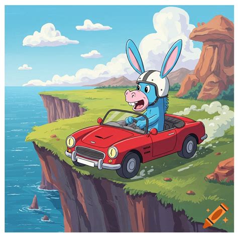 Cartoon blue donkey driving car off cliff on Craiyon