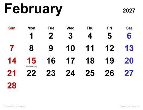 February 2027 Calendar | Templates for PDF, Excel and Word