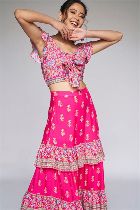 Buy Hot Pink Floral Fit & Flare Skirt Set Online for Women from ...