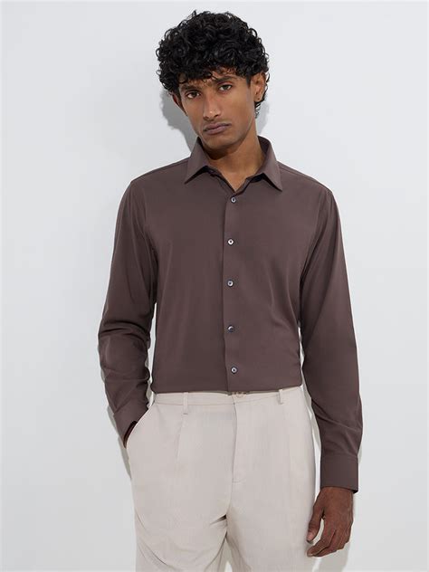 Buy WES Formals Dark Brown Slim-Fit Cotton Shirt from Westside