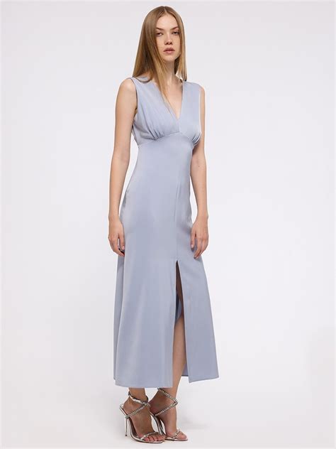 Blue Satin Front Slit Dress