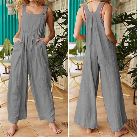 Plus Size Women Cotton Jumpsuit Rompers Casual Loose Wide Leg Overalls ...