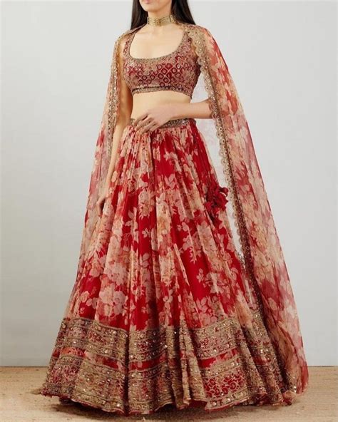 GLITZY LOOK RED COLOR ORGANZA FABRIC SEQUINS WORK PRINTED LEHENGA CHOL ...