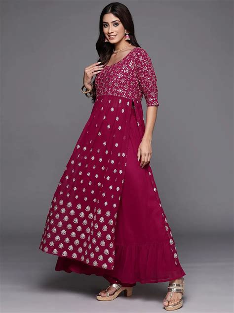 Buy Pink Embroidered Georgette A-Line Kurta With Palazzos & Dupatta ...