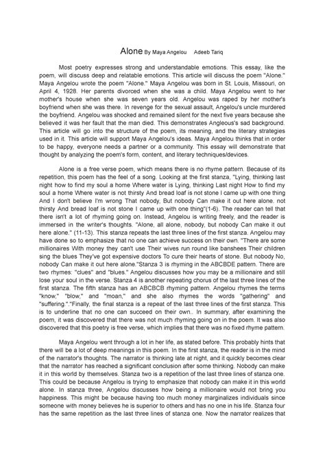 Alone By Maya Angelou - This essay, like the poem, will discuss deep ...