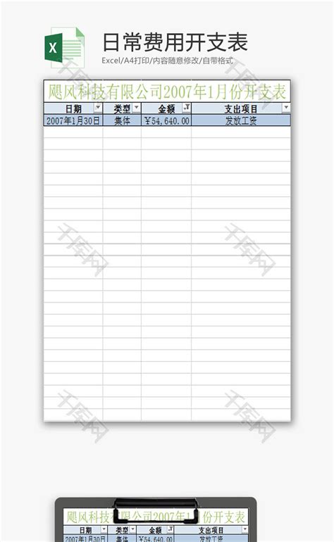 日常开支记账表Excel模板_千库网(excelID：183221)