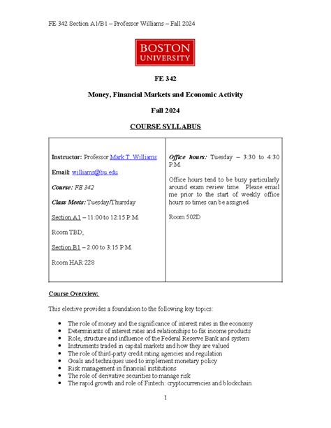 FE 342 - Fall 2024 Syllabus Aug 23 - FE 342 Money, Financial Markets ...