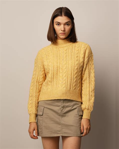 Yellow Cable Knit High Neck Pullover