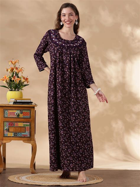 M-XXL | Buy Alpine Floral Purple Embroidery Nighty For Women – 9shines ...