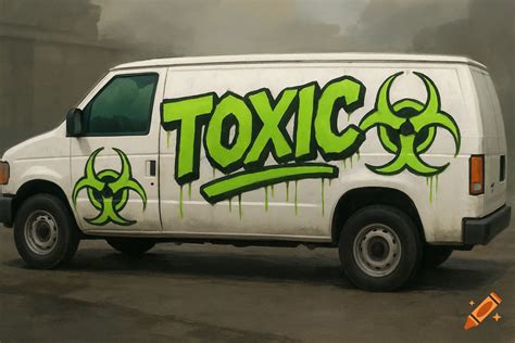 White van with green TOXIC graffiti and biohazard symbols. on Craiyon