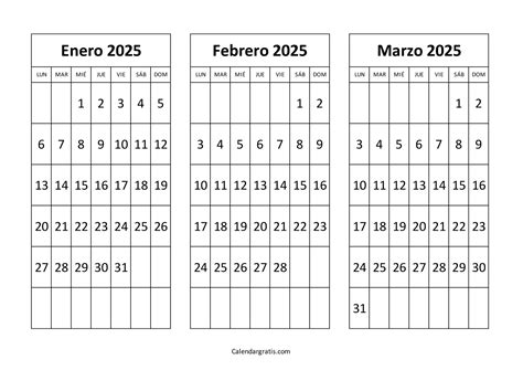 Calendario de enero febrero marzo 2025 para imprimir gratis