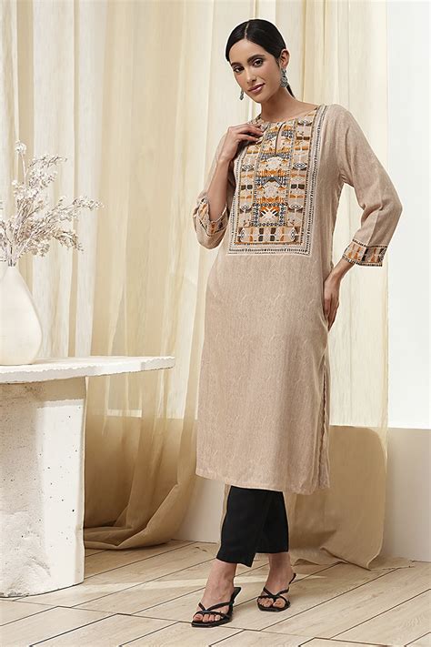 Buy Beige Printed Straight Kurta Online at Biba India