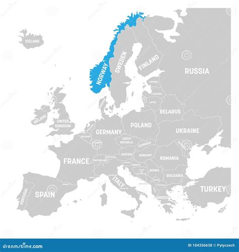 Norway Marked by Blue in Grey Political Map of Europe. Vector Illustration Stock Vector ...