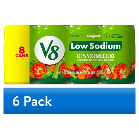 (6 pack) V8 Low Sodium Original 100% Vegetable Juice, 5.5 fl oz Can, 8 ...