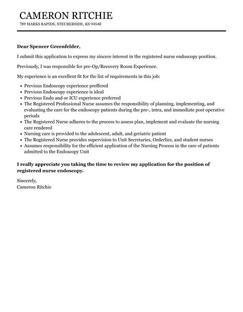 Registered Nurse Endoscopy Cover Letter | Velvet Jobs