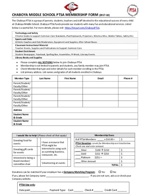 Fillable Online CHABOYA MIDDLE SCHOOL PTSA MEMBERSHIP FORM Fax Email ...