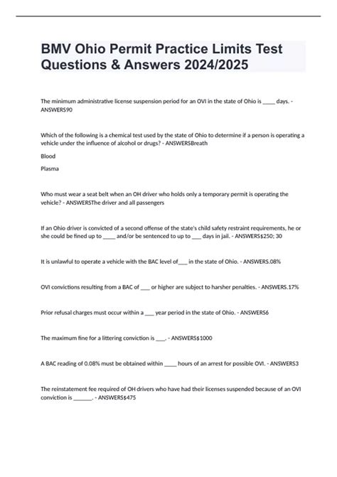 BMV Ohio Permit Practice Limits Test Questions & Answers 2024/2025 ...