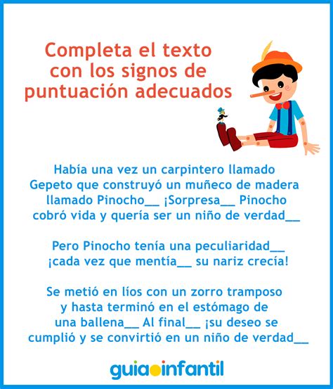 Dictados basados en el cuento de Pinocho sobre los signos de puntuación