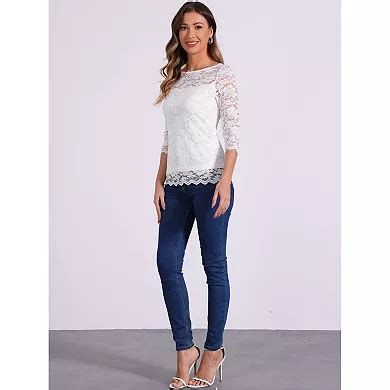 Floral Lace Top for Women's 3/4 Sleeve Crew Neck Casual Elegant Lace ...