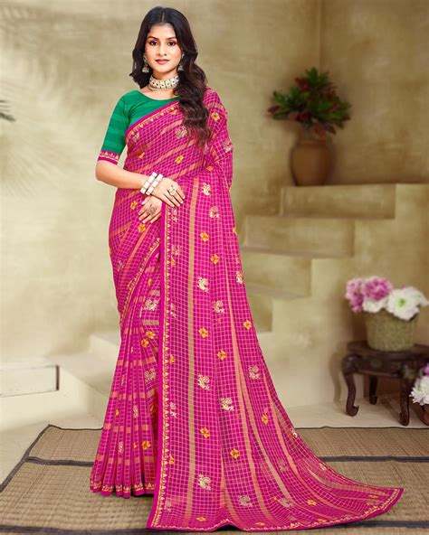 Vishal Prints Rani Printed Patterned Chiffon Saree With Foil Print And