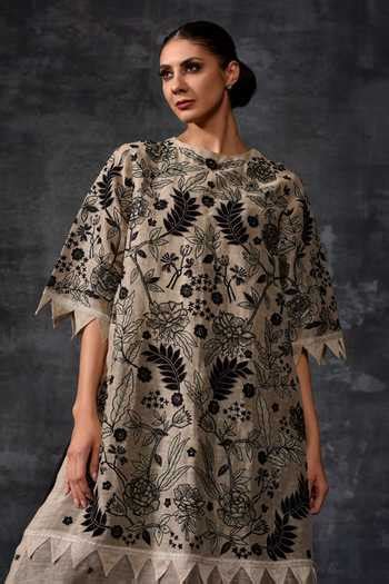 Buy Grey Linen, Silk Embroidery, Applique, Ruffles Round Neck Tunic ...