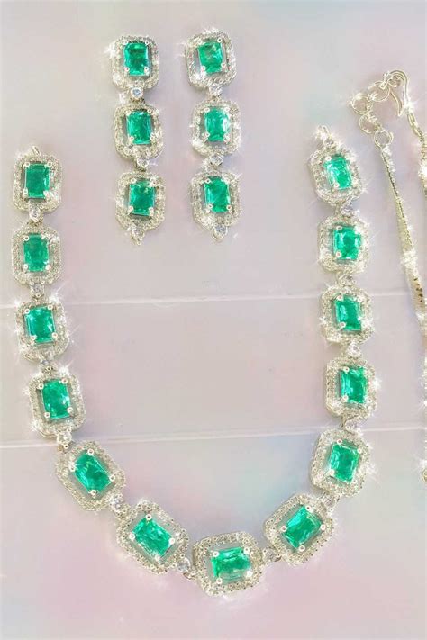 Green American Diamond Necklace Set – Silver-Tone Bridal Jewelry with ...