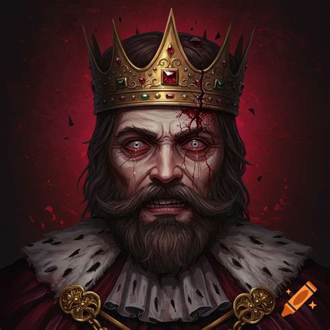 Portrait of a king with a cracked golden crown and blood on his ...
