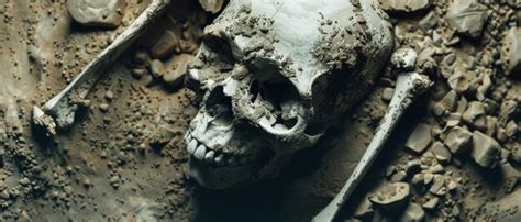 A weathered human skull and bones marooned in a sea of dirt evoking a ...