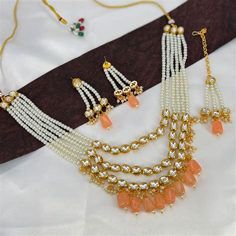 India Art Gold Plated Kundan Stone & Beads Necklace Set – JewelEMarket