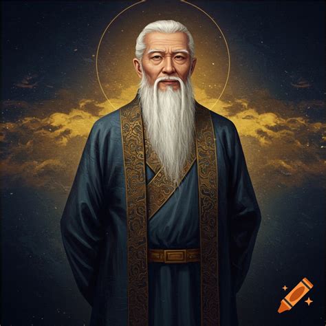 A wise-looking old man with a long white beard in traditional Chinese ...
