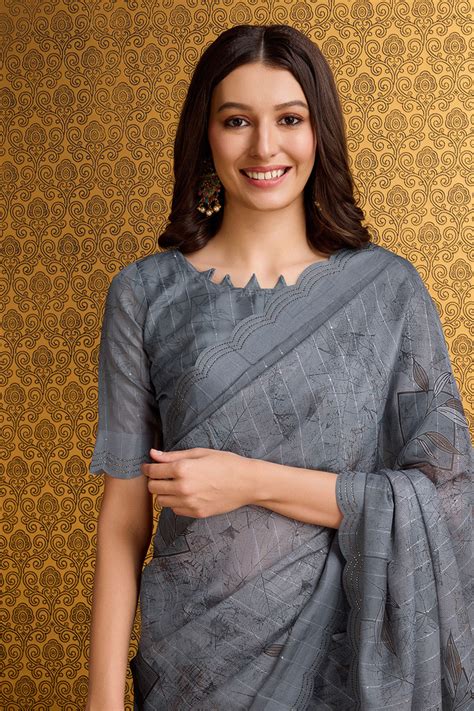 Buy Grey Organza Saree With Blouse Piece 70734 Online | Karagiri