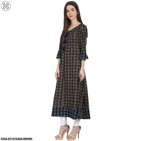 Women Printed Coffee Brown Three-Quarter Sleeves V-Neck Cotton A-Line ...