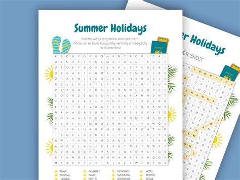 Printable Summer Holidays Word Search for Kids, Learning Activity ...