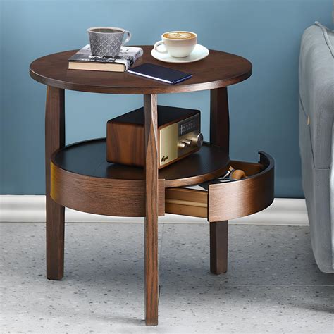 Round Wood Side Table with Drawer - Solid Wood Circle Coffee Tables for ...